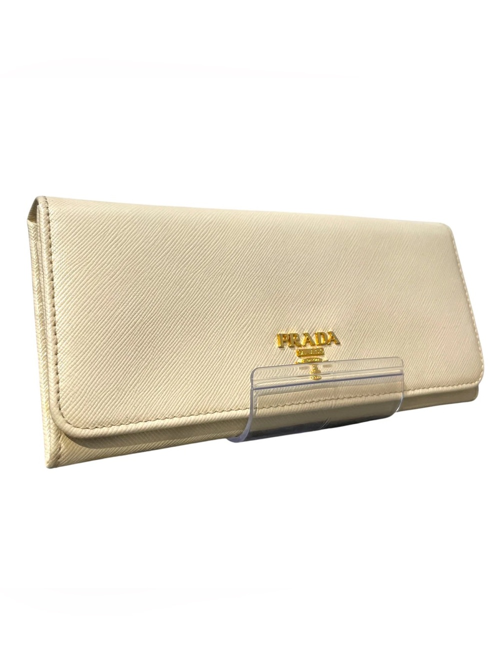 Prada Cream Saffiano Leather Wristlet Clutch with Gold Logo
